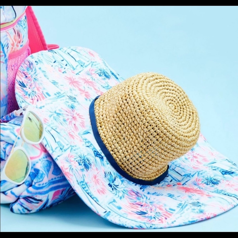Lilly Pulitzer Straw Fabric Beach Sun Hat Sea To Shining Sea Pattern Floppy NWT